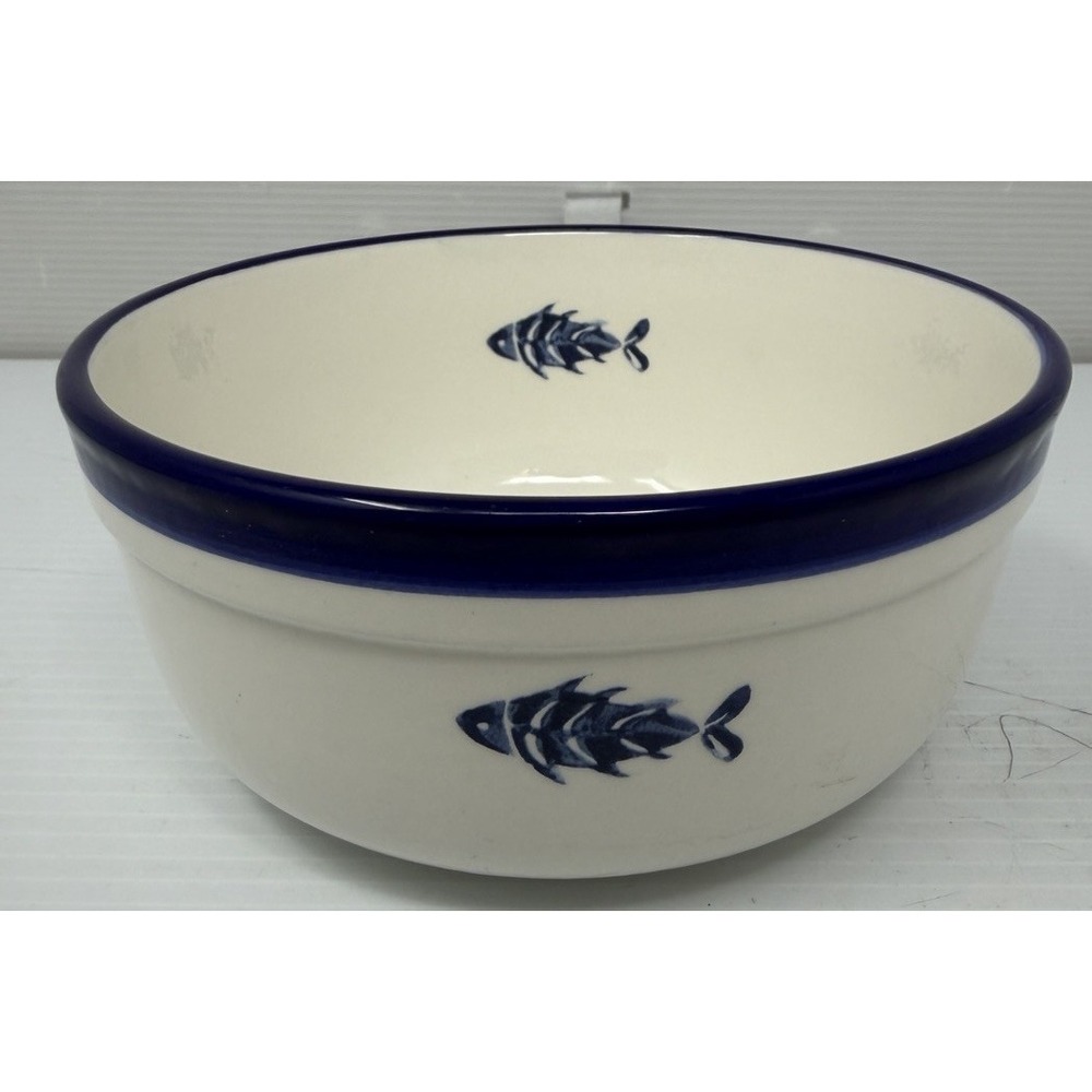 Crate‎ & Barrel Blue & White Fish Soup Cereal Bowl Italian Pottery Over & Back